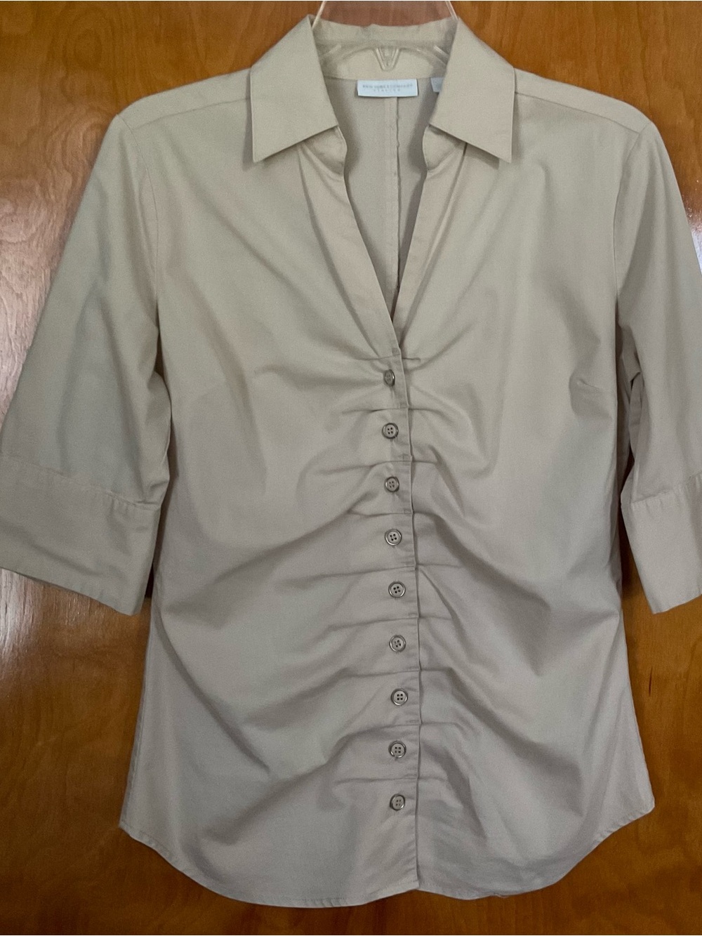 New York & Company Beige Ruched Button-Front Blouse